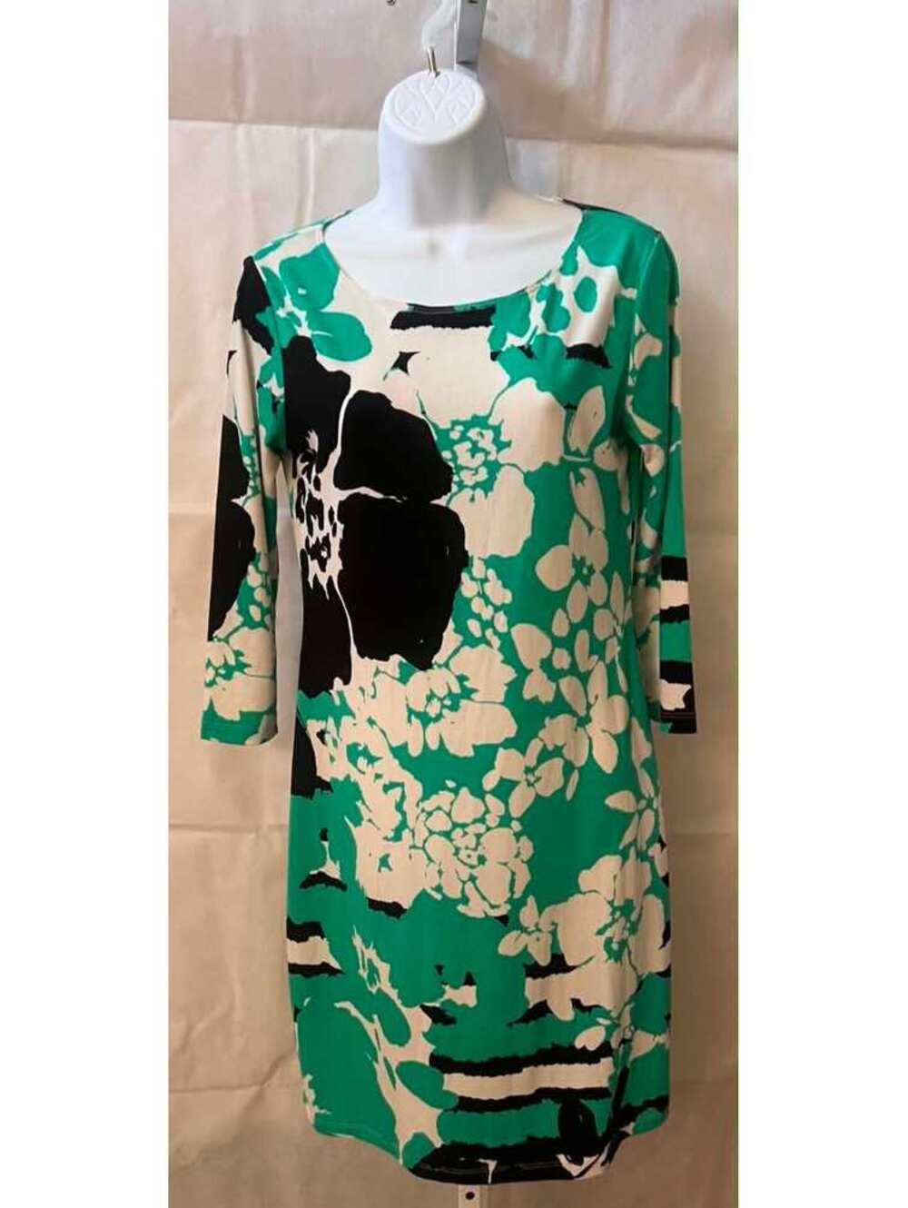 Unbranded Green Black Floral Stretch Shift Dress 3/4 Sleeve S/M